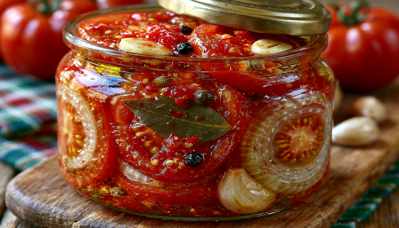 Помидоры дольками с луком и чесноком —  сочные, с кисло-сладкой ноткой: самый легкий рецепт на зиму